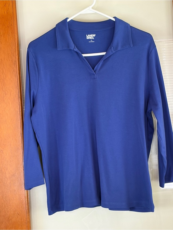 Lands' End Tops - Land’s End cobalt blue johnny collar top, size L polo collar 3/4 sleeves